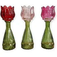 DK Design Daan Kromhout - Waxine houders - Kaarsenhouders - Set van 3 - Tulp - Glas - Roze mix - 7x22cm