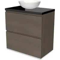 Maxaro Modulo Plato Badkamermeubel voor waskom | 80 cm Donkerbruin eiken Greeploos front Hoogglans zwart blad 2 hoge lades onder elkaar