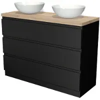 Maxaro Modulo Plato Badkamermeubel voor waskom | 120 cm Mat zwart Greeploos front Lichtbruin eiken blad 3 lades staand