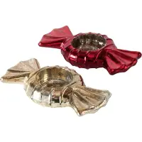 Boltze Waxine houder - Bonbon - Snoepjes - 2 set - Theelicht houder - Goud - Rood - Glas - 14 cm