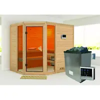 Karibu Sauna, binnensauna, model Sinai, hoekinstap, oven 9 kW, externe bediening, afmetingen 236x184x208 cm, zonder dakrand