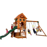Backyard Discovery Atlantic speeltoestel / speeltoren compleet | Inc. schommels / Glijbaan / zandbak / klimwand | Speelhuis op palen van hout voor buiten in de tuin