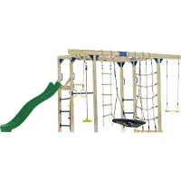 Axi Boris Klimtoestel van hout in bruin met groene Glijbaan | Klimtoestel uitgerust voor kinderen met verschillende Schommels, Trapeze, Klimnetten en Monkey Bars | Klimtoestel voor in de tuin