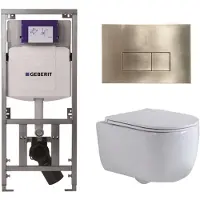 Geberit QeramiQ Dely Swirl Toiletset - 36.3x51.7cm - diepspoel - rimless - UP320 inbouwreservoir - met Burda frame - slim zitting - geborsteld messing bedieningsplaat - rechtehoekige knoppen - wit mat