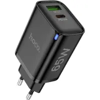 Hoco 65W Stekker - Snellader - 2-poorts USB-C & USB-A Oplader (Power Delivery & QC3.0) - DC88 - Geschikt voor Telefoon, Tablet, Laptop en PC - Zwart