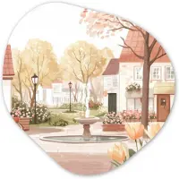MuchoWow Organische wanddecoratie 40x40 cm - Organisch schilderij Dorpsplein - Fontein - Tulpen - Muurdecoratie woonkamer - Kamer decoratie - Schilderijen - Muurcirkel aesthetic