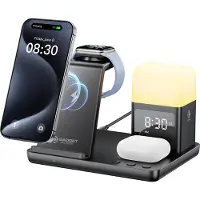 Gadgetplace 6 in 1 Draadloze oplader Pro met Wekker en Nachtlampje - 15 Watt Snellader - Draadloos Oplaadstation - Geschikt voor iPhone en Android