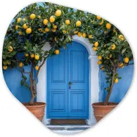 MuchoWow Organische wanddecoratie 60x60 cm - Organisch schilderij Citroenbomen - Geel - Deur - Potten - Muurdecoratie woonkamer - Kamer decoratie - Schilderijen - Muurcirkel aesthetic