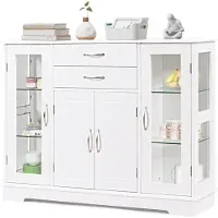 Costway Dressoir wit, keukenkast met geharde glazen deuren en laden, bijzetkast van hout, buffetkast voor eetkamer, keuken, 107 x 30 x 82 cm (wit)
