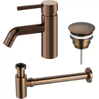 FortiFura Calvi Wastafelkraanset - lage wastafelkraan - always open plug - verlaagde design sifon - Geborsteld koper PVD (Koper) SW799405/ SW970031 / SW799403