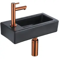 Qeramiq Fuente fonteinset – 37.5x18.5x9 cm – keramiek zwart mat – kraangat links – geborsteld koperen kraan SW1122451/SW799405/SW799403/SW970033