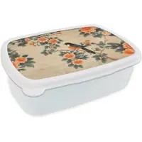 MuchoWow Broodtrommel Wit - Lunchbox Vogel - Tak - Bloemen - Oranje - Brooddoos 18x12x6 cm - Brood lunch box - Broodtrommels voor kinderen en volwassenen