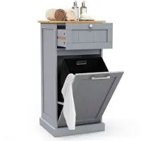 Costway Waskast met wasmand, wasverzamelaar met lade, tafelblad van bamboe, badkamerkast, badkamerkast voor badkamer, bijkeuken, 40 x 37 x 82 cm (grijs)