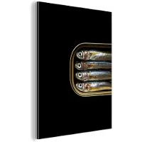 MuchoWow Aluminium schilderij 90x120 cm - Wanddecoratie metaal - Sardines - Blik - Zwart - Vissen - Metalen muurdecoratie woonkamer - Decoratie industrieel - Foto op dibond - Industriële accessoires slaapkamer