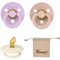 BIBS Dental fopspenen Anatomical 0-6 maanden- Set 3 stuks- Blush, Ivory, Violet Sky + Monkiezz speenzakje - orthodontisch- Anatomisch- Maat 1