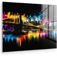 MuchoWow Glasschilderij 160x120 cm - Schilderij acrylglas - Skyline - Brug - Verlichting - Kleuren - Foto op glas - Muurdecoratie woonkamer - Wanddecoratie slaapkamer - Schilderijen