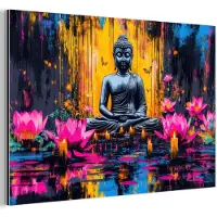 MuchoWow Aluminium schilderij 90x60 cm - Wanddecoratie metaal - Buddha - Bloemen - Kaarsen - Geel - Metalen muurdecoratie woonkamer - Decoratie industrieel - Foto op dibond - Industriële accessoires slaapkamer