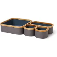 DS Produkte rechthoekige opbergdoos met bamboe-frame in set van 4 dozen van 30 x 30 x 10 cm en 29,9 x 14,8 x 10 cm en twee keer 14,8 x 14,8 x 10 cm Buitenkant Grijs/Binnenkant Blauw
