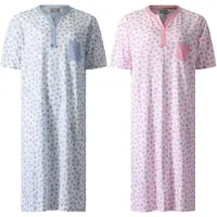 Lunatex - 2 dames nachthemden 224176 - korte mouw - 100% katoen - blauw en roze - maat M