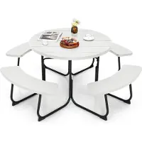 Costway Zitgarnituur voor 8 personen, picknicktafel met parasolgat en 4 banken, ronde tuintafel, tuingarnituur, tuinmeubelen, zitgroep voor tuin, terras (wit)