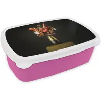 MuchoWow Broodtrommel Roze - Lunchbox Exotisch - Boeket - Vaas - Goud - Brooddoos 18x12x6 cm - Brood lunch box - Broodtrommels voor kinderen en volwassenen