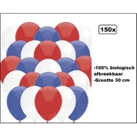 Wefiesta 150 x Rood/ wit/ blauw ballonnen - 100% biologisch afbreekbaar - 30 cm doorsnee - Koningsdag/ Voetbal/ Verjaardag/ Themafeest/ Versiering/ Nederland/ Koningsdag