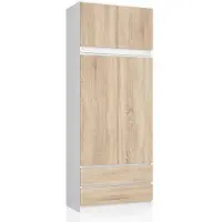 Akord Kleidingkast S90 met Opzetstuk, 2 Deuren en 2 Lades / Furniture Factory / Wit – Sonoma Eik / 90 x 234 x 51 cm