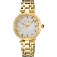 Seiko quartz goud dames horloge met parel wijzerplaat & roestvrij stalen band