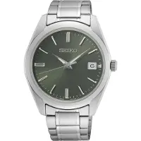 Seiko quartz zilver heren horloge met groene wijzerplaat & roestvrij stalen band