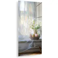 MuchoWow Glasschilderij 20x40 cm - Schilderij acrylglas - Vaas - Eieren - Bloemen - Foto op glas - Muurdecoratie woonkamer - Wanddecoratie slaapkamer - Schilderijen