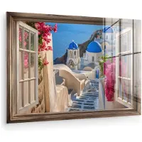 MuchoWow Glasschilderij 120x80 cm - Schilderij acrylglas - Doorkijk - Santorini - Landschap - Blauw - Grieks - Foto op glas - Muurdecoratie woonkamer - Wanddecoratie slaapkamer - Schilderijen