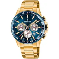 Festina timeless chrono quartz geel heren horloge met zwarte wijzerplaat & roestvrij stalen band