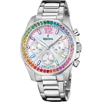 Festina boyfriend quartz grijs dames horloge met witte wijzerplaat & roestvrij stalen band