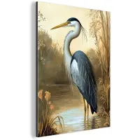 MuchoWow Aluminium schilderij 90x120 cm - Wanddecoratie metaal - Reiger - Water - Planten - Metalen muurdecoratie woonkamer - Decoratie industrieel - Foto op dibond - Industriële accessoires slaapkamer
