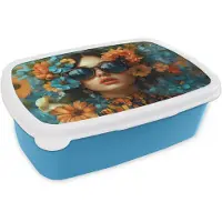 MuchoWow Broodtrommel Blauw - Lunchbox Vrouw - Bloemen - Oranje - Blauw - Modern - Brooddoos 18x12x6 cm - Brood lunch box - Broodtrommels voor kinderen en volwassenen