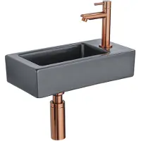 Qeramiq Fuente Fonteinset - 37.5x18.5x9cm - keramiek - kraangat rechts - fonteinkraan geborsteld koper - afvoerplug - verlaagd sifon - Mat Zwart SW1122447/SW799405/SW799403/SW970033