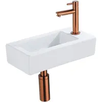 Qeramiq Fuente Fonteinset - 37.5x18.5x9cm - keramiek - kraangat rechts - fonteinkraan geborsteld koper - afvoerplug - verlaagd sifon - Mat wit SW1122446/SW799405/SW799403/SW970033