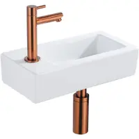 Qeramiq Fuente Fonteinset - 37.5x18.5x9cm - keramiek - kraangat links - fonteinkraan geborsteld koper - afvoerplug - verlaagd sifon - Glans wit SW1122449/SW799405/SW799403/SW970033
