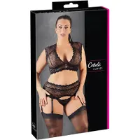 Cottelli collection Cottelli Plus Size – Jarretel Lingerie Set met Strass Element en Prachtige Kanten Borduursels – Maat 2XL – Zwart