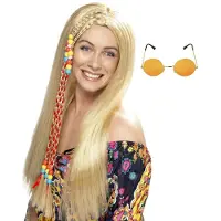 Smiffys Hippie Sixties verkleedset dames - Pruik lang haar blond - bril met ronde glazen roze - Flower Power thema