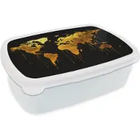MuchoWow Broodtrommel Wit - Lunchbox Wereldkaart - Goud - Druipen - Zwart - Brooddoos 18x12x6 cm - Brood lunch box - Broodtrommels voor kinderen en volwassenen