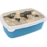 MuchoWow Broodtrommel Blauw - Lunchbox Wereldkaart - Goud - Zwart - Abstract - Brooddoos 18x12x6 cm - Brood lunch box - Broodtrommels voor kinderen en volwassenen