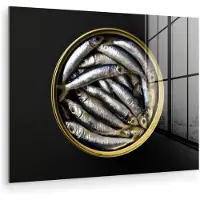 MuchoWow Glasschilderij 120x90 cm - Schilderij acrylglas - Sardines - Vissen - Rond - Zwart - Foto op glas - Muurdecoratie woonkamer - Wanddecoratie slaapkamer - Schilderijen