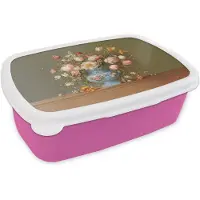 MuchoWow Broodtrommel Roze - Lunchbox Neutral - Bloemen - Boeket - Vaas - Brooddoos 18x12x6 cm - Brood lunch box - Broodtrommels voor kinderen en volwassenen
