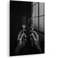 MuchoWow Glasschilderij 90x120 cm - Schilderij acrylglas - Bestek - Zwart - Wit - Foto op glas - Muurdecoratie woonkamer - Wanddecoratie slaapkamer - Schilderijen