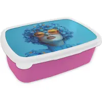 MuchoWow Broodtrommel Roze - Lunchbox Vrouw - Bloem - Blauw - Modern - Bril - Portret - Brooddoos 18x12x6 cm - Brood lunch box - Broodtrommels voor kinderen en volwassenen