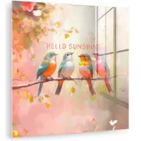 MuchoWow Glasschilderij 90x90 cm - Schilderij acrylglas - Vogels - Tak - Quote - Roze - Foto op glas - Muurdecoratie woonkamer - Wanddecoratie slaapkamer - Schilderijen