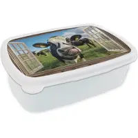 MuchoWow Broodtrommel Wit - Lunchbox Doorkijk - Koe - Weiland - Dieren - Natuur - Brooddoos 18x12x6 cm - Brood lunch box - Broodtrommels voor kinderen en volwassenen