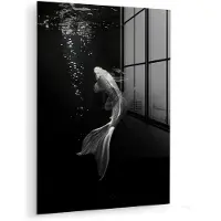 MuchoWow Glasschilderij 120x160 cm - Schilderij acrylglas - Koi - Vis - Wit - Zwart - Foto op glas - Muurdecoratie woonkamer - Wanddecoratie slaapkamer - Schilderijen