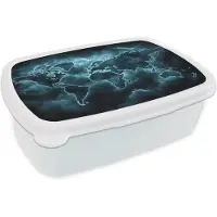 MuchoWow Broodtrommel Wit - Lunchbox Wereldkaart - Bliksem - Blauw - Brooddoos 18x12x6 cm - Brood lunch box - Broodtrommels voor kinderen en volwassenen